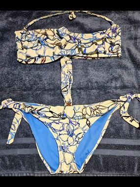 Cream and Blue Floral Bikini Top And Bottom